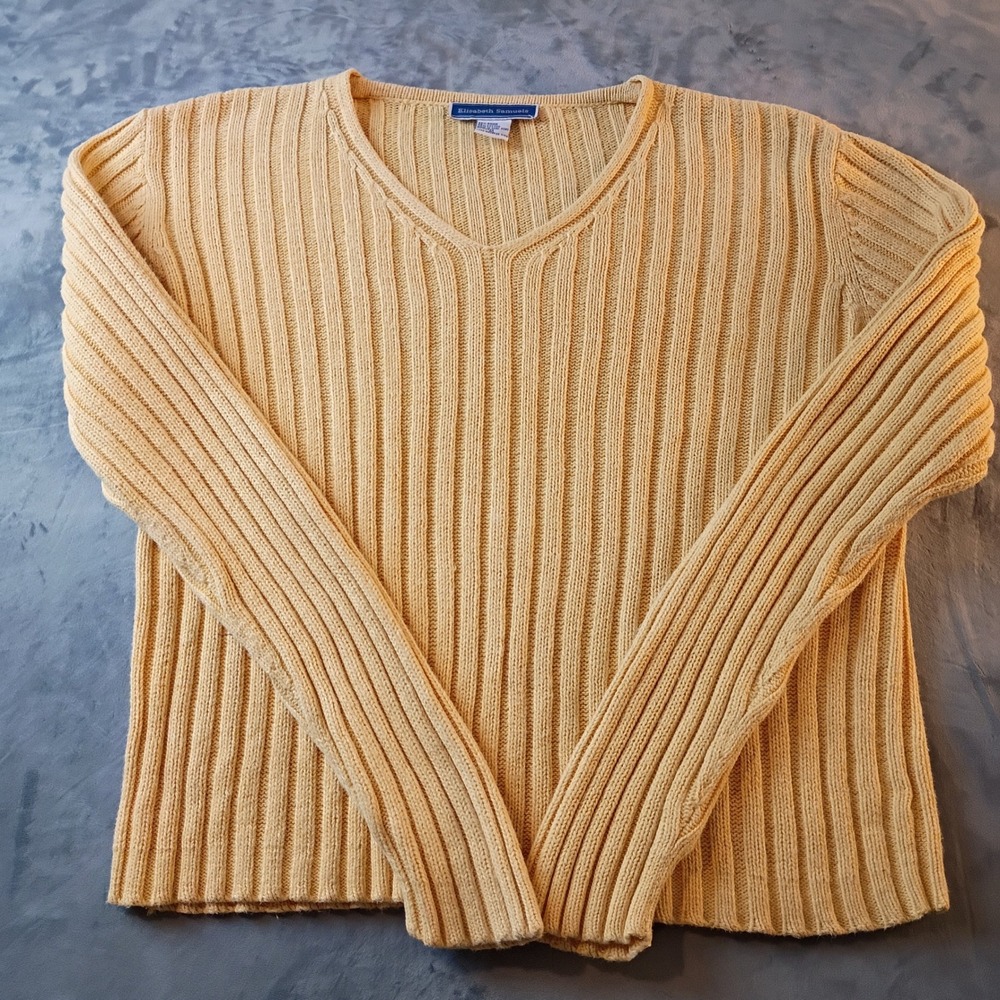Elisabeth Samuels Womens XL Yellow Ribbed V-Neck Ramie Cotton Knit Sweater